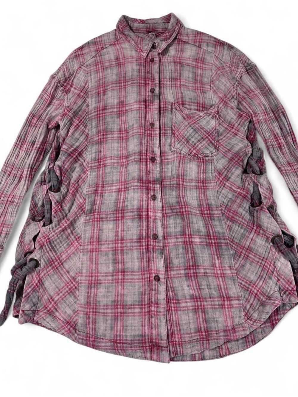 Free People Nordic Night Side Lace Up Plaid Gauze Shirt XS - Picture 2 of 7